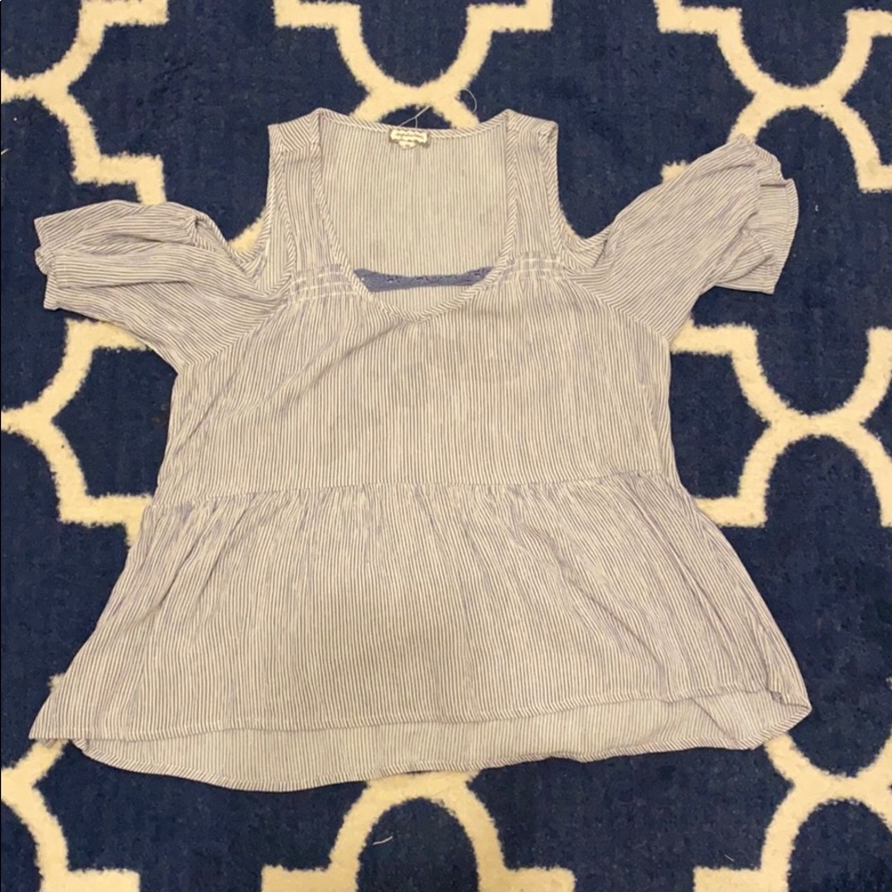 blue and white stripe blouse with open shoulders